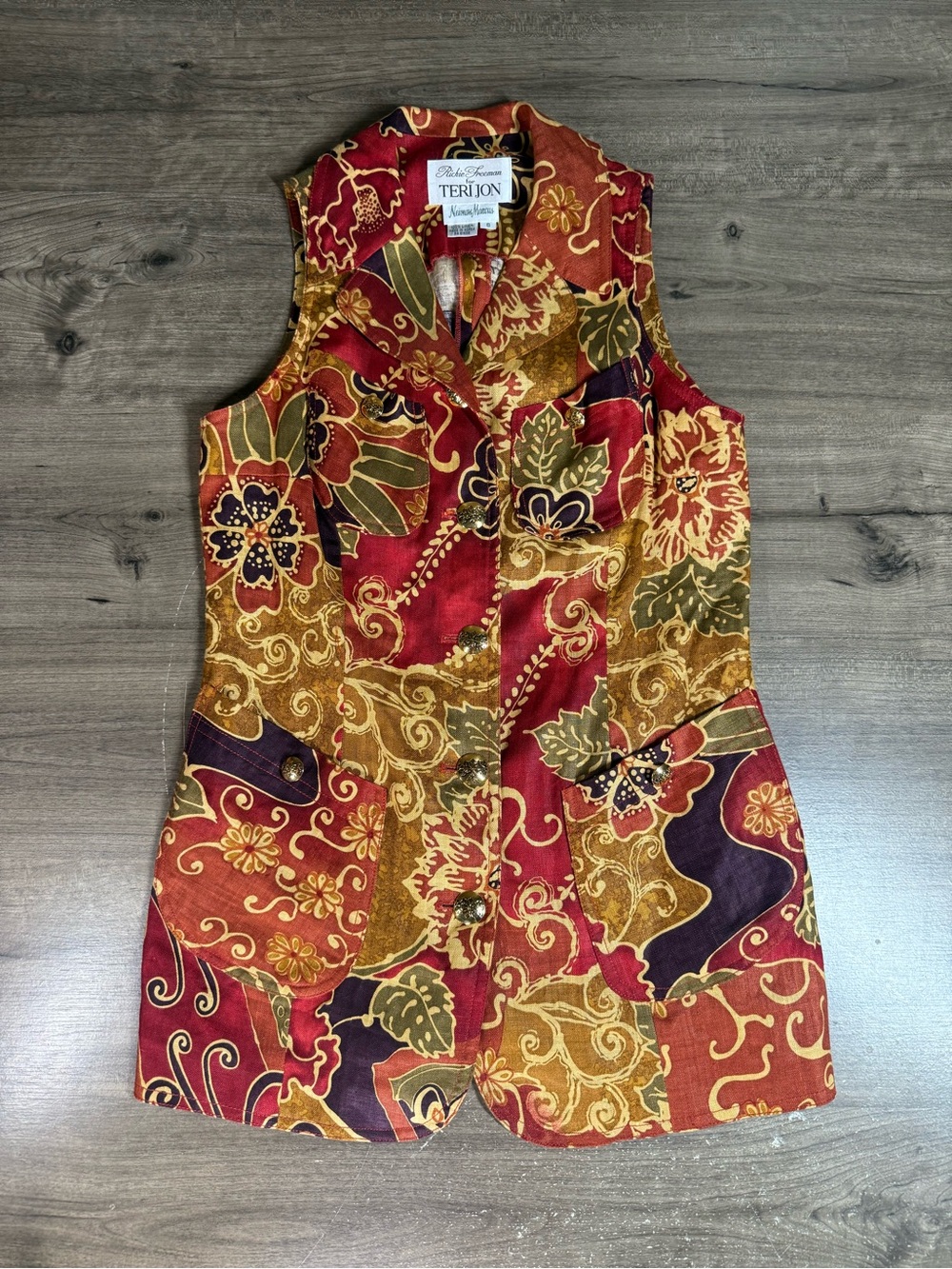 Vintage Rickie Freeman Teri Jon Neiman Marcus Linen Long Vest Floral Size 6